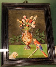 Giovan battista stefaneschi (attr.), vaso in pietre dure con fiori, pappagallo e cagnolino, 1600-50 ca..JPG