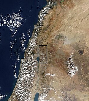 Satellite view of the Eastern Mediterranean with the location of Golan highlighted