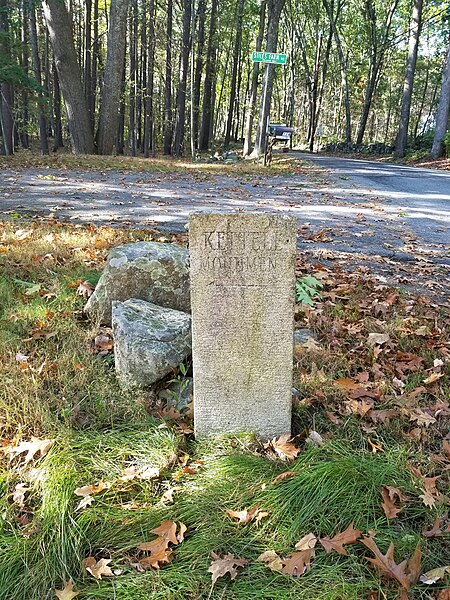 File:Granite Monument on Maple Road pointing to the John Kettell Monument on Stiles Farm Road in Stow Massachusetts MA USA one fo the first two settlers of Stow lived here and was killed by the Indians 1676.jpg