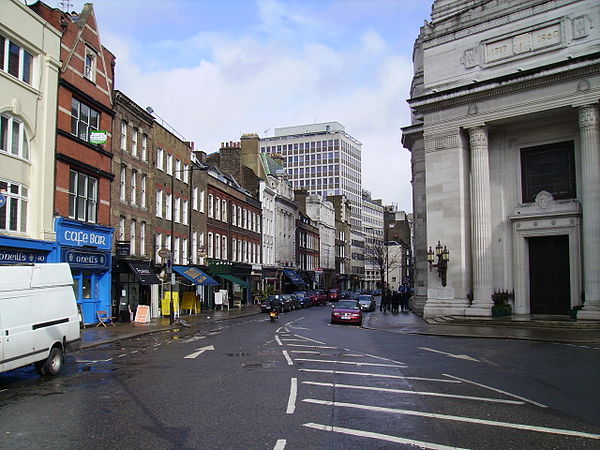 Great Queen Street, looking east. Freemasons' Hall is visible on the right.