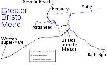 Urban rail network in and around Bristol, including planned Portishead and Henbury lines Greater Bristol Metro proposed network map March 2012.svg