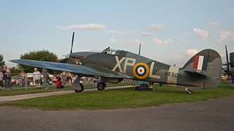 English: Peter Teichman's Hawker Hurricane Mk2B (reg. G-HHII (BE505, XP-L), cn CCF/R20023, built in 1942, Rolls Royce Merlin 29 engine). Deutsch: Peter Teichmans Hawker Hurricane Mk2B (Reg. G-HHII (BE505, XP-L), cn CCF/R20023, Baujahr 1942, Rolls Royce Merlin 29 Motor).