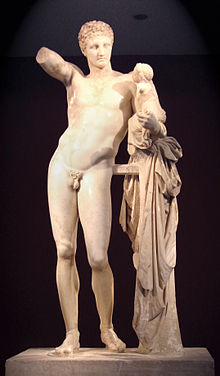 Praxiteles: Hermes and the Infant Dionysus, possibly original. Archaeological Museum of Olympia Hermes di Prassitele, at Olimpia, front 2.jpg