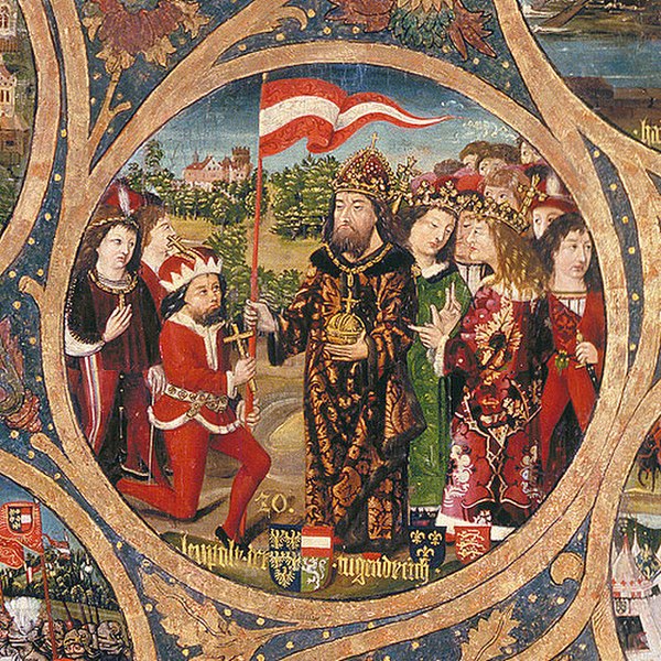 Duke Leopold V (left of centre, kneeling) receiving the red-white-red banner from Emperor Henry VI, from the Babenberger Stammbaum, Klosterneuburg Mon