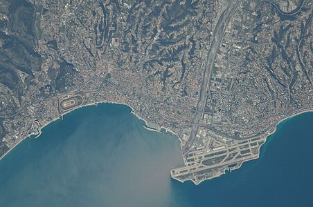 a view from ISS, Côte d'Azur airport and Mediterranean Sea.