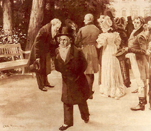 El encuentro en Teplice. Al parecer, cuando Beethoven y Goethe paseaban por la alameda de este balneario, se encontraron a la emperatriz con su familia. El compositor siguió su paseo sin pararse a saludar. Esta imagen es una recreación posterior de Carl Rohling.