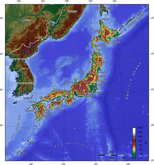 A topographic map of Japan