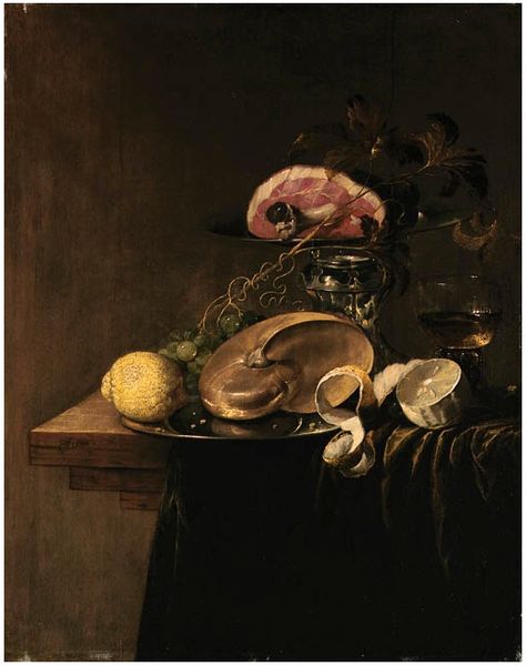 File:Jasper Geeraerts - A Nautilus Shell and a Lemon on a pewter Plate, a Leg of Ham on a silver Tazza, a Roemer, a Bunch of Grapes and a peeled Lemon on a partly draped table.jpg