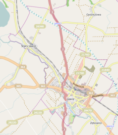 Mapa konturowa Jawora, blisko centrum na dole znajduje się punkt z opisem „Kościół Pokoju w Jaworze”