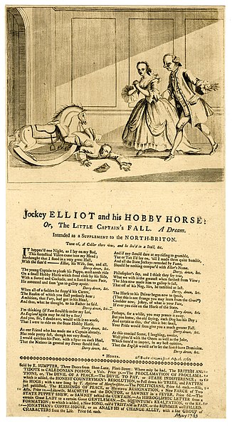 Satire on Sir Gilbert (Jockey Elliot), a supporter and beneficiary of Lord Bute: Eliot is shown entering a room with his wife, alarmed to find their s