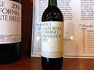 A bottle of 1971 Monte Bello Cabernet Sauvignon that was entered into the 1976 Judgement of Paris wine tasting. Judgement of Paris Ridge 1971 Cabernet Sauvignon.jpg