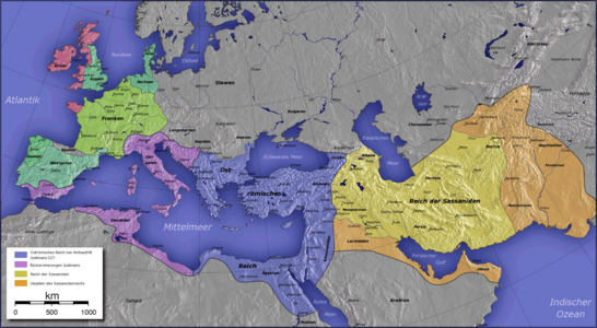 565AD. Byzantine Empire, blue and purple; Sassanid Empire in yellow. Sassanid vassals, in orange, encompassing the Persian Gulf to the south, and reaching the Indus river in the southeast and the Kingdom of Khotan in the northeast (both silk-growing areas).