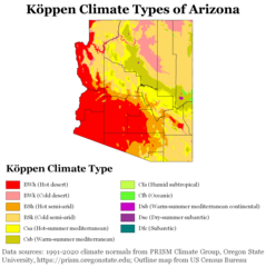 Image 14Köppen climate types of Arizona, using 1991–2020 climate normals. (from Geography of Arizona)