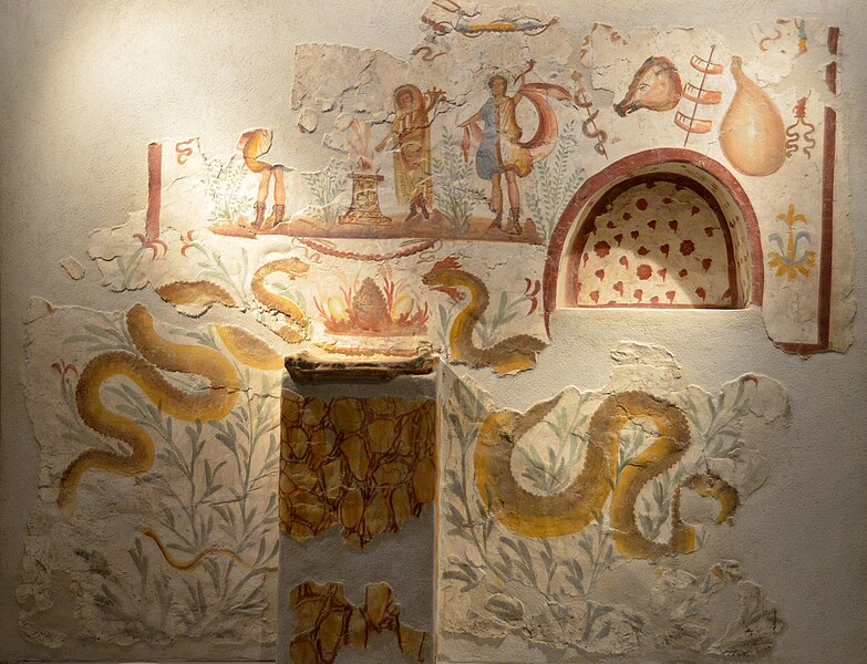 File:Lararium with altar and niche, decorated with domestic Gods and food offerings, mid 1st century BC, from Terzigno Villa 6 (kitchen), Exhibition “Pompeii And Santorini. Eternity In A Day” at the Scuderie Del Quirinale, Rome 2.jpg