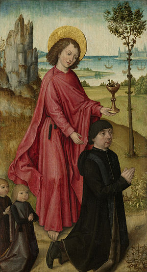 Inner left wing of a triptych with the donor, his two sons and St John the Evangelist