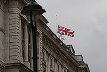 The Union Jack Flag flying at half mast at the Foreign Office building in London, 13 October 2016 London Union Flag flown at half mast for Bhumibol death - 2016-10-13 - 001.jpg