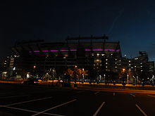 North-end view during the Ravens' Super Bowl XLVII run in 2013. The stadium is lighted in purple LED every Ravens postseason M&T Bank Stadium, 2013 Postseason purple LED lighting.jpg