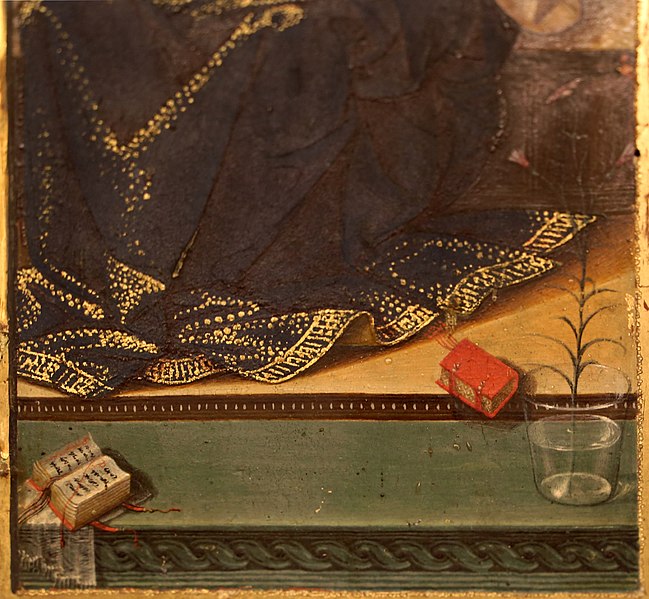 File:Maestro dei putti bizzarri, ante di tabernacolo porta-reliquiario, 1485-86 ca. 05 libri e vaso di vetro.jpg