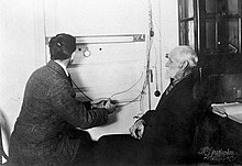 Manometer reading outside of door to a dog experiment room, and operator seated looking through periscope at dog inside, Ivan Pavlov seated to the right