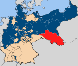 Rot: Lage der Provinz Schlesien in Preußen (blau)