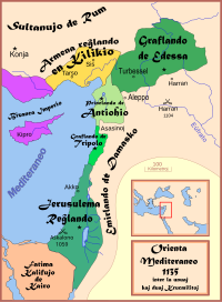 Politika mapo de Levantenio kun Jerusalema reĝlando en 1135, inter la unuaj kaj duaj krucmilitaroj. (SVG-bildo)