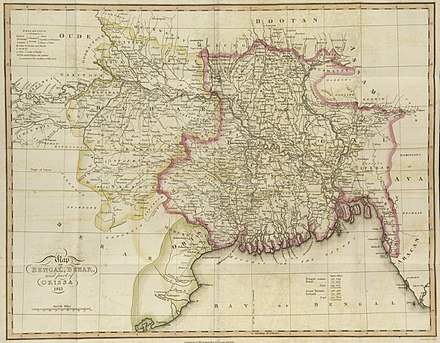 A map of Bengal, Bihar, and Orissa under British rule. The map roughly corresponds to the territory of the Nawab of Bengal.