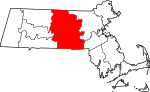 Mapa de Massachusetts coa localización do condado de Worcester