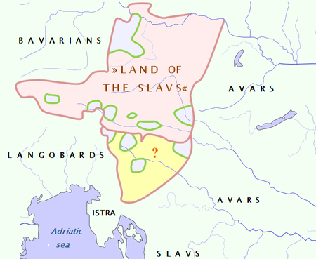 The greatest possible extent of Valuk's "Land of the Slavs". For southern territory (yellow) there is no information. At the time of Valuk there were some aborigine population concentrations in Eastern Alps (light blue). Marca Vinedorum-en.PNG