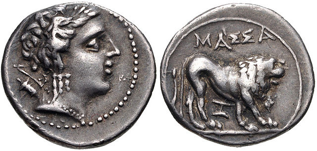 Silver tetrobol (4/6 of drachma) from Massalia. Obverse: Artemis wearing stephane. Reverse: ΜΑΣΣΑ[ΛΙΗΤΩΝ] (of Massalians), lion standing right.