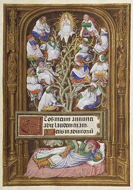 A typical Jesse Tree of the Late Medieval period, detail of the Spinola Hours of Ludwig by the Master of James IV of Scotland, (1510-20)