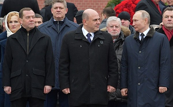 Prime Minister Mikhail Mishustin (centre) in February 2020 with former prime ministers Dmitry Medvedev (left) and Vladimir Putin (right)