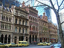 Modern skyscrapers on Collins Street, Melbourne, have been deliberately set back from the street in order to retain Victorian-era buildings. Melbourne Collins Street Architecture.jpg