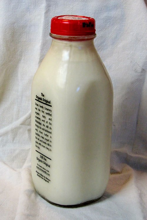 A bottle of unhomogenised milk, with the cream clearly visible, resting on top of the milk