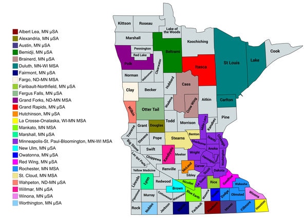 An enlargeable map of the 26 core-based statistical areas in Minnesota. Minnesota CBSAs 2020.png