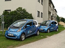 Two Mitsubishi i-MiEVs in Estonia. The majority of electric cars in Estonia are i-MiEVs. Mitsubishi iMiev elektriautod Eestis.JPG