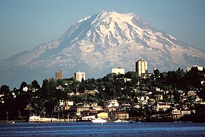 Mount Rainier over Tacoma, Washington, USA.