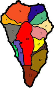 Municipios insulares: 1. Santa Cruz de La Palma; 2. Puntallana; 3. San Andrés y Sauces; 4. Barlovento; 5. Garafía; 6. Puntagorda; 7. Tijarafe; 8. Tazacorte; 9. Los Llanos de Aridane; 10. El Paso; 11. Fuencaliente; 12. Villa de Mazo; 13. Breña Baja y 14. Breña Alta.