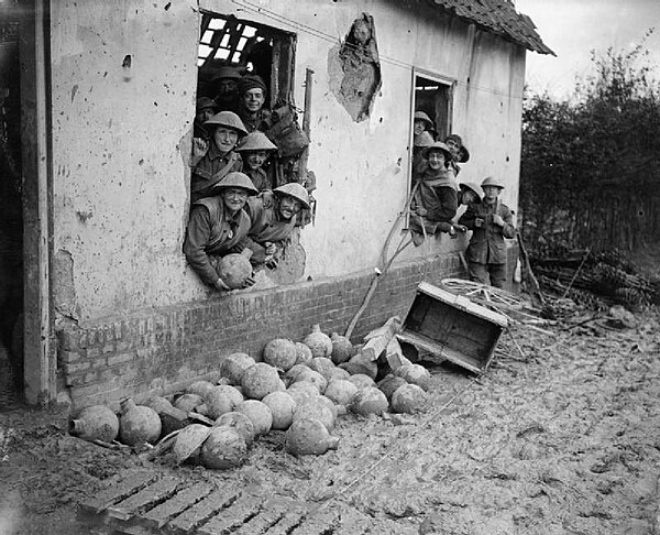 Men of the 111th Brigade with trench mortar bombs at Beaumont-Hamel, France, late 1916.