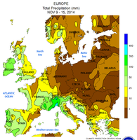 Niederschlagssummen 9.–15.: Extremereignisse wieder in Ligurien und dem Tessin (über 400 mm/Woche), von der Côte d’Azur bis in die Schweizer Alpensüdseite und an den Cevennen je über 200 mm; kein Niederschlag im Lee der Alpen und Dinariden