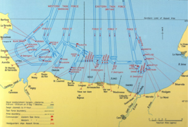 Carte des plages de débarquement : Gold Beach, Juno Beach et Sword Beach sont sur la moitié Est de la carte, avec Ver-sur-Mer indiquée à la jonction de Gold Beach et de Juno Beach, près du centre de la carte.