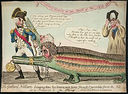 Gravure montrant un homme dans un uniforme naval distinctif trainant deux crocodiles avec des têtes humaines.