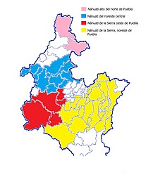 Mapa del norte de Puebla, donde aparece en azul el náhuatl del noreste central.