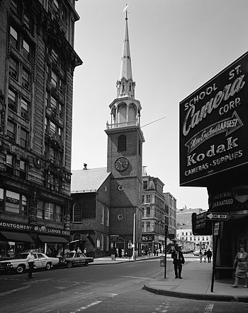 The Old South Meeting House (1968 photo shown) was Adams's church. During the crisis with Great Britain, mass meetings were held here that were too large for Faneuil Hall.[37]