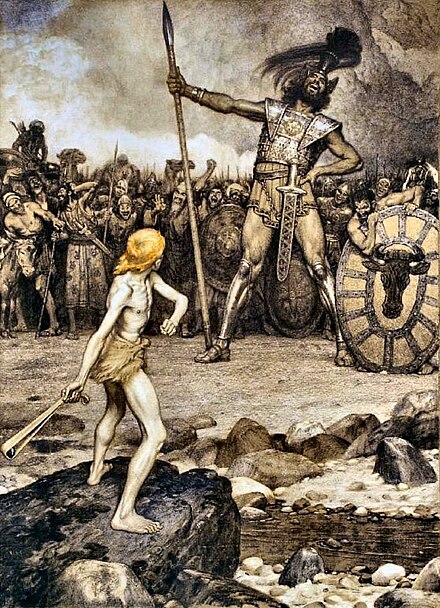 David and Goliath, a color lithograph by Osmar Schindler (c. 1888)