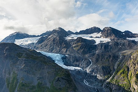 Aerial view of a glacier in Chugach State Park, Alaska, United States.