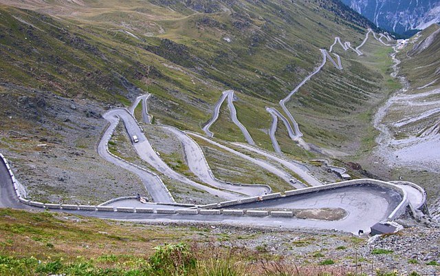 A sample of the 48 hairpin turns near the top of the eastern ramp of the Stelvio Pass, the Cima Coppi (highest elevation point) of the 1980 Giro.