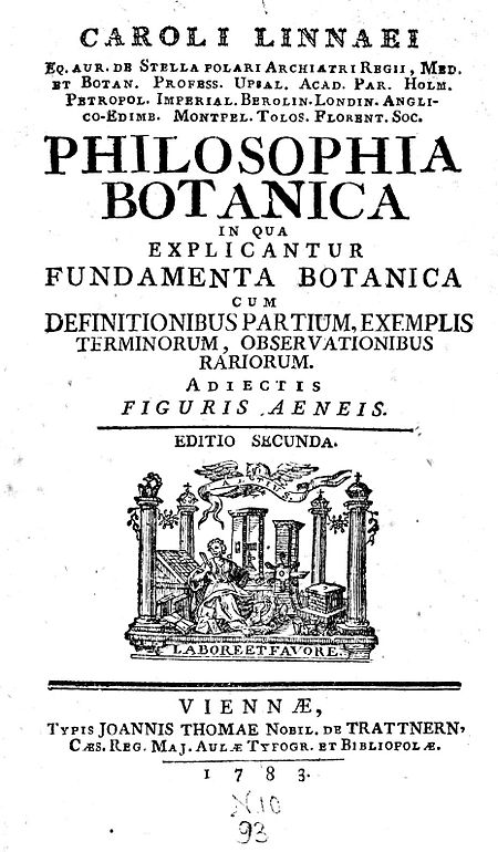 Title page to a 1783 edition of Linnaeus's Philosophia Botanica, first published in 1751 Philosophia Botanica 1783.jpg