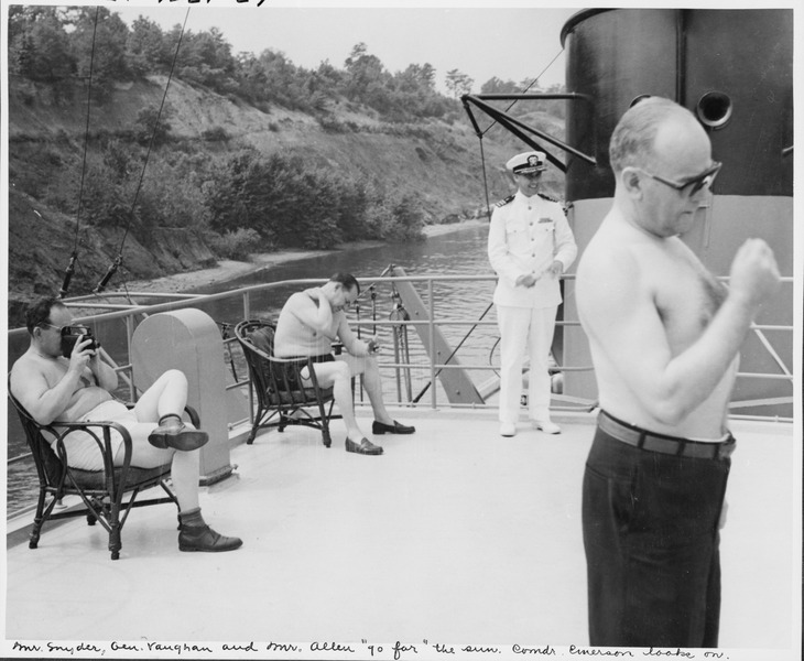 File:Photograph of members of President Truman's party enjoying the sun on the flying bridge of the President's yacht, the... - NARA - 198618.tif