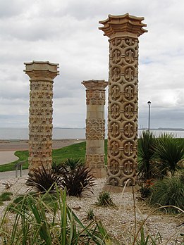 Three pillars in Coade stone from a local garden, re-erected on Portobello Promenade