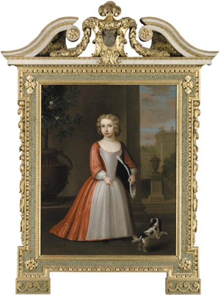 File:Portrait of Mawdistly Best (d. 1795) of Chilston Park, Kent, as a boy, full-length, wearing a red dress with a white apron and holding a hat, his spaniel at his feet, with buildings beyond 2000 NYR 09370 0036 000(011135).jpg